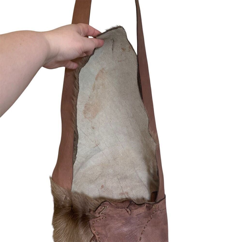 Full Grain Leather Mixed Animal Fur Shoulder Bag Tote Mexico Handmade Brown Boho - Picture 9 of 16